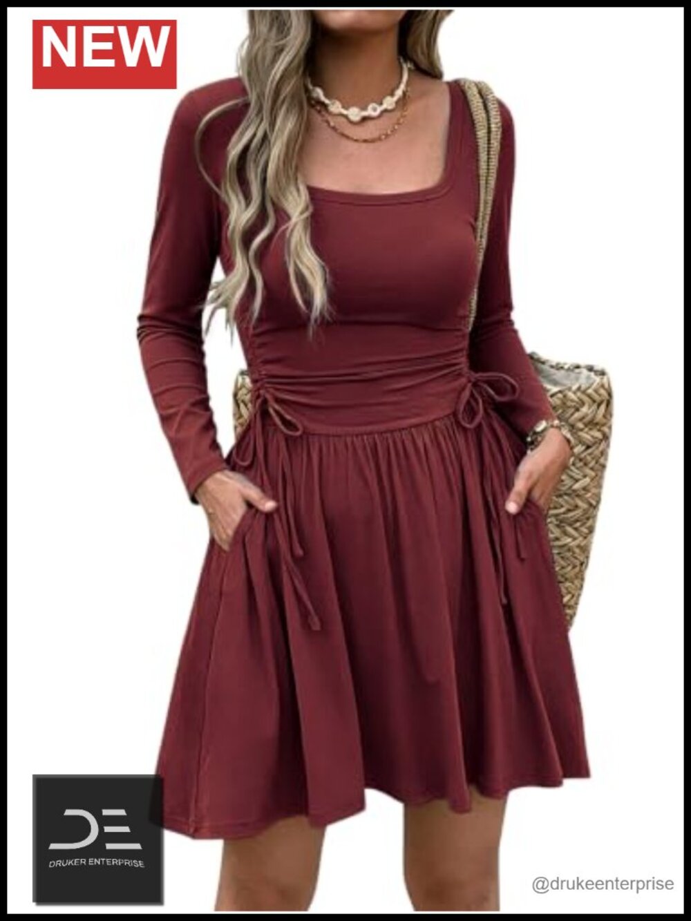 Women Long Sleeve Square Neck A-Line Mini Dress Pockets Ruched Waist